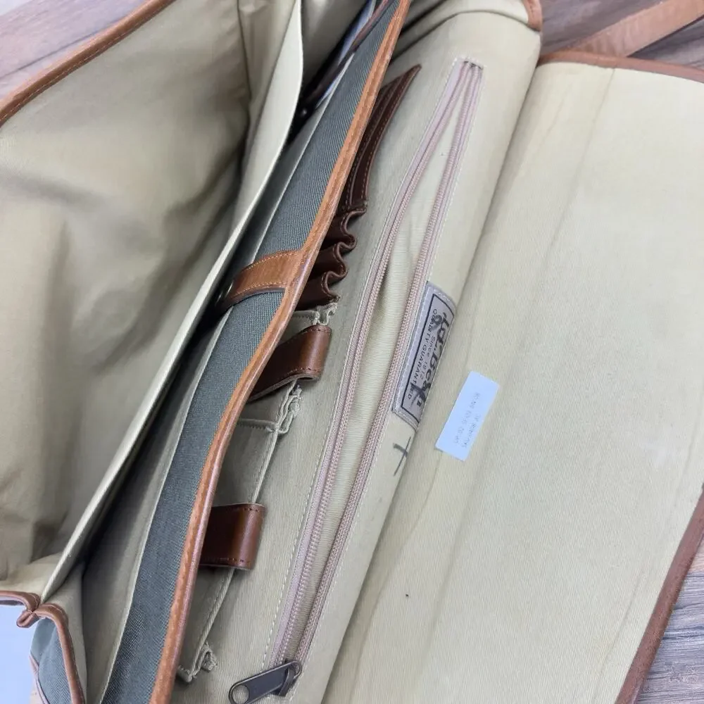 L.L. Bean Dowel Rod Canvas Green Business Travel Briefcase Shoulder Leather Bag